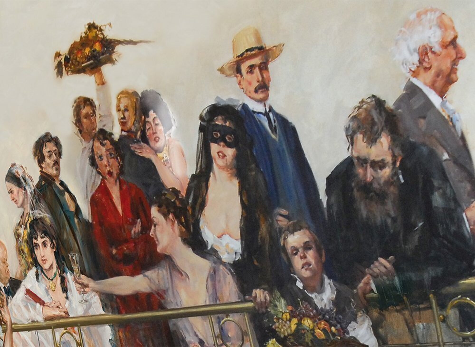 Ein Kunstwerk von der Kunstsammlung im Hotel Grand Elysée mit verschiedenen Personen vor einem vergoldeten Geländer